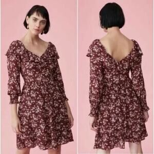 Rebecca Taylor Tilda Floral 100% Silk Ruffle Dress in Burgundy Size 6‎
